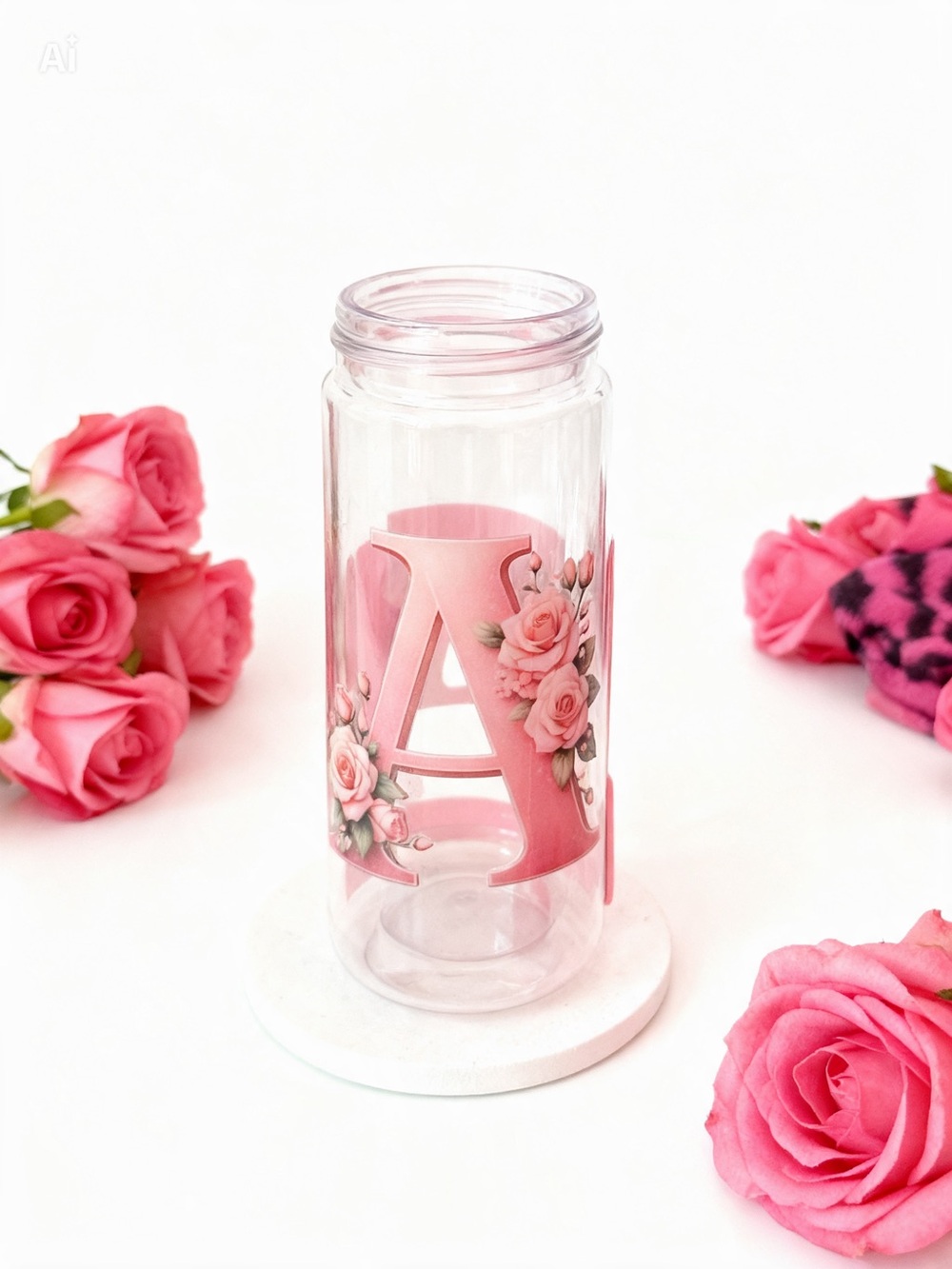 Monogram Pink Floral Letter A plastic Water Bottle